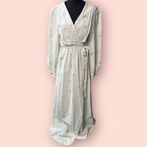 Vtg 70’s Prairie Wrap Dress Women Large Daisy Maxi Cottagecore Lace Long Sleeve